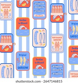 Seamless pattern with hand drawn sardine tin labels. Mediterranean vintage background. Marine coastal wallpaper with canned fish, Portuguese seafood, olive 
oil sardines, and retro packaging.
