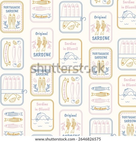 Seamless pattern with hand drawn sardine tin labels. Mediterranean vintage background. Marine coastal wallpaper with canned fish, Portuguese seafood, olive oil sardines, and retro packaging.