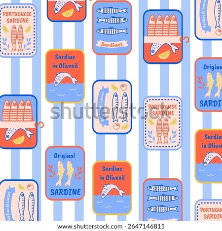 Seamless pattern with hand drawn sardine tin labels. Mediterranean vintage background. Marine coastal wallpaper with canned fish, Portuguese seafood, olive 
oil sardines, and retro packaging.
