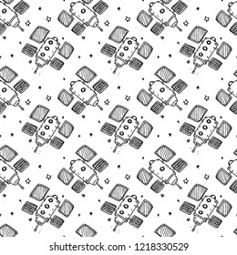 Seamless pattern hand drawn satellite. Doodle black sketch. Sign symbol. Decoration element. Isolated on white background. Flat design. Vector illustration.