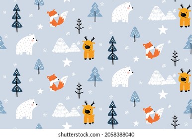 Nahtloses Muster mit handgezeichneten skandinavischen Tieren im Wald. Vektorgrafik. Weihnachtstiere im Winterwald.Kreative Vektorgrafik kindes Hintergrund für Gewebe, Textilien.