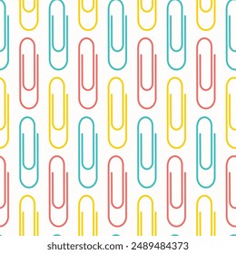 Seamless pattern of hand drawn scattered paper clips on isolated background. Education and office supplies, design for printing, scrapbooking, textile, home or office decor, paper craft. 