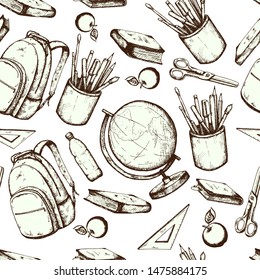 Seamless pattern with hand drawn school items: globe, school backpack, ruler, pens, felt-tip pens, pencils, paint brush, bottle of water, scissors, textbooks, books.