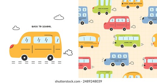 Seamless pattern with hand drawn school buses