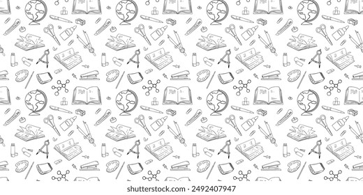 Seamless pattern with hand drawn school, doodles and back to school. Vector illustration.