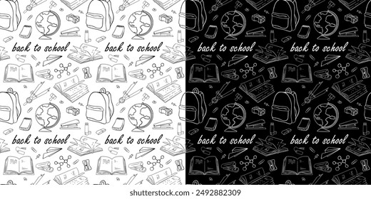 Seamless pattern with hand drawn school, doodles and back to school. Vector illustration.	
