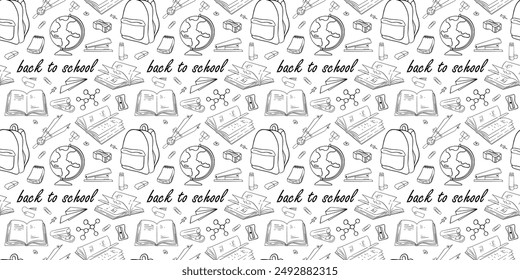 Seamless pattern with hand drawn school, doodles and back to school. Vector illustration.	