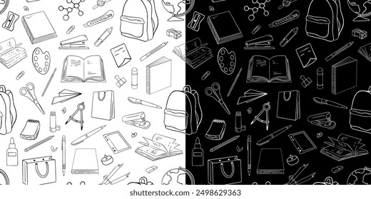 Seamless pattern with hand drawn school, doodles and back to school. Vector illustration.	