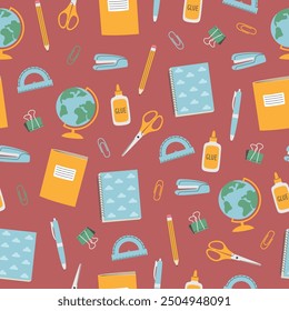 Seamless pattern with hand drawn school stationery. Print design for packaging, cover, school projects, banner, poster. Vector illustration