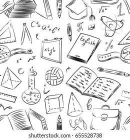 Seamless Pattern with Hand Drawn School Symbols. Vector Illustration.