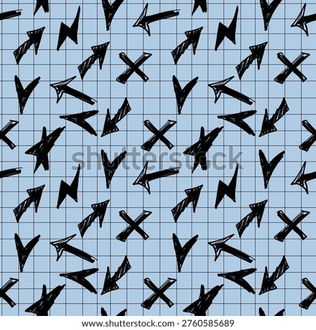 Seamless pattern with hand drawn school doodles. Black stars, arrows, and lightning bolts on blue squared paper background. Y2K and streetwear aesthetic