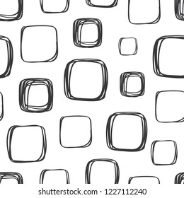 Seamless pattern of hand drawn scribble objects for logo, web, design use.  Black vector design squares collection on white background. Abstract grunge elements