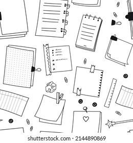Seamless pattern of hand drawn scribble notebooks, square sheets. Sketch paper clips, pins, paper torn from a notebook. Vector illustration of a pattern of school supplies on a white background.