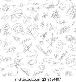 Seamless pattern of hand drawn scribble, chaotic line, text highlight elements with imitations pen, marker, pencil. Endless print for background, fabric, wrapping paper. Isolated vector illustration