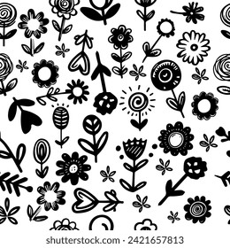 Seamless pattern hand drawn scribble doodles flowers