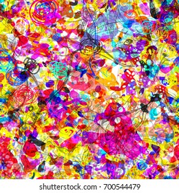 Seamless pattern. Hand drawn scribbles, stains, threads. Colorful texture. Abstract vector background for web page, banners, fabric, home decor, wrapping 