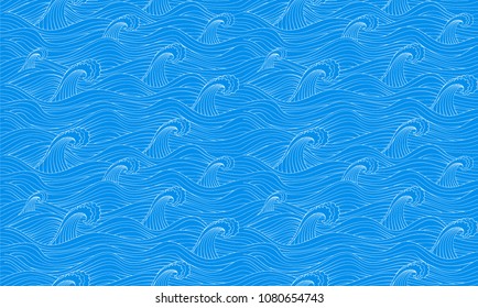 Seamless pattern with hand drawn sea waves in sketch style. Vector endless background in blue colors.