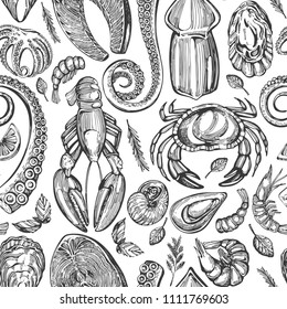 Seamless pattern with hand drawn sea food (mussels, crab, lobster, shrimp, salmon, oysters, octopus)