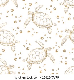 Seamless pattern with Hand drawn sea turtles. Vector with animal underwater. Illustration for wallpaper, web page background, surface textures, textile.