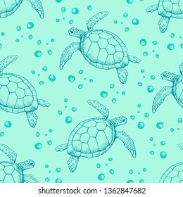 Seamless pattern with Hand drawn sea turtles. Vector with animal underwater. Illustration for wallpaper, web page background, surface textures, textile.