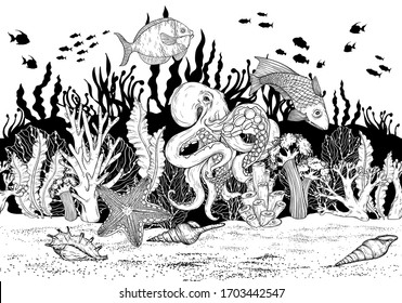 Seamless pattern with Hand drawn sea coral reef, oceanic animal. Black and white. Vector illustration.