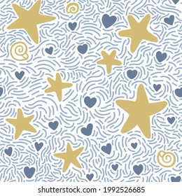 Seamless pattern with hand drawn sea waves in sketch style. Vector endless background in blue colors.