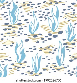 Seamless pattern with hand drawn sea waves in sketch style. Vector endless background in blue colors.