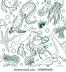 seamless pattern of hand drawn sea animals illustrations in doodle style