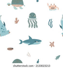 Seamless pattern with hand drawn sea life elements. Vector doodle cartoon set of marine life objects for your design.