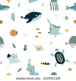 Seamless pattern with hand drawn sea life elements. Vector doodle cartoon set of marine life objects for your design.