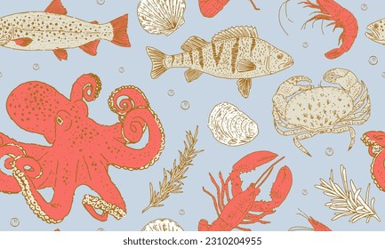 Seamless pattern with hand drawn sea fauna elements on blue background. Vector illustration of fish, octopus, seashell, lobster and seaweed