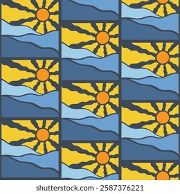 Seamless pattern with hand drawn sea and sun landscape. Abstract print for fabric, cover, card, flyer. Vector illustration