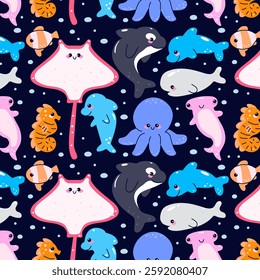 Seamless pattern with hand drawn sea animals. Marine life. Cartoon isolated vector illustration