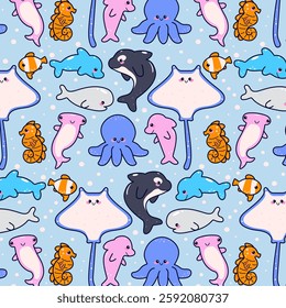 Seamless pattern with hand drawn sea animals. Marine life. Cartoon isolated vector illustration