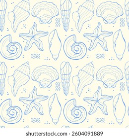 Seamless pattern of hand drawn sea shells on a light coloured background