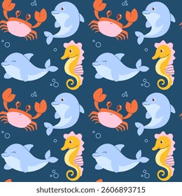 Seamless pattern with hand drawn sea animals