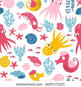 Seamless pattern of hand drawn sea life creatures. Funny fish, octopus, shrimp and seahorses in bright colors on a white background Kids seamless background in vector.