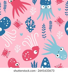 Seamless pattern of hand drawn sea life creatures. Funny octopuses, jellyfish and crabs randomly located on a pink background. Kids background in vector.