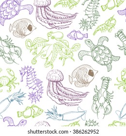 Seamless pattern with hand drawn sea animals