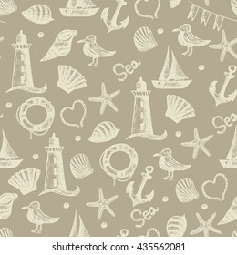 Seamless pattern hand drawn sea themed objects. Seagull,lighthouse,shell,boat. Vector illustration. Design template for greeting cards,tissue, wrapping paper etc.