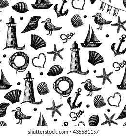 Seamless pattern hand drawn sea themed objects. Seagull,lighthouse,shell,boat. Vector illustration. Design template for greeting cards,tissue, wrapping paper etc.