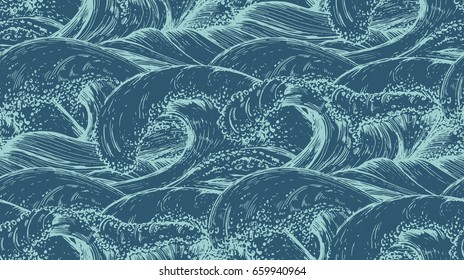 Seamless Pattern With Hand Drawn Sea Waves In Sketch Style. Vector Endless Background In Blue Colors. 