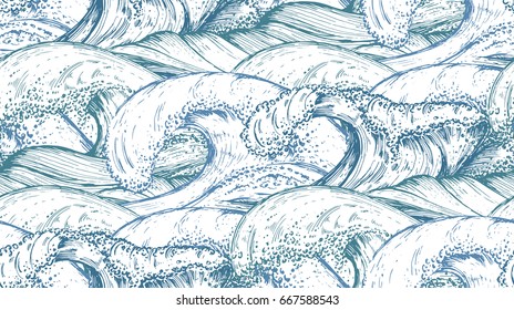 Seamless pattern with hand drawn sea waves in sketch style. Vector endless background in blue colors