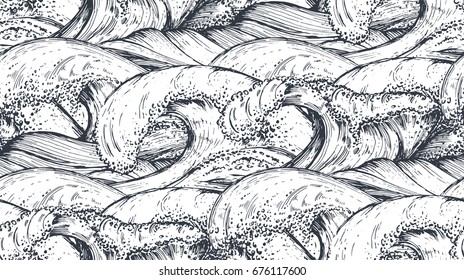 Seamless pattern with hand drawn sea waves in sketch style. Black and white vector endless background.