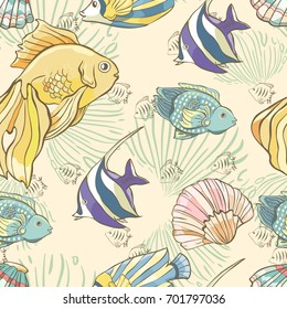 Seamless pattern with hand drawn sea fish and shells. Vector illustration