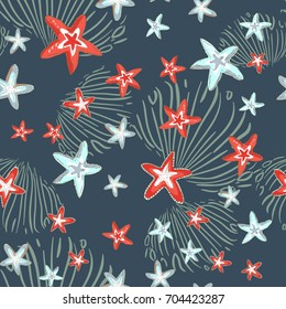 Seamless pattern with hand drawn sea stars. Underwater abstract background.