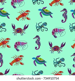 Seamless pattern with hand drawn sea animals- crab, turtle, omar, octopus and seahorse. Colorful illustration. Zentangle.