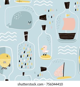 Seamless pattern with hand drawn sea jar with marine elements. Childish texture for fabric, textile,apparel. Vector background