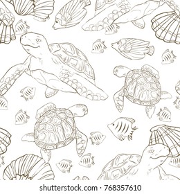 Seamless pattern with hand drawn sea fish and turtles. Sea wallpaper. Vector illustration.Page of coloring book