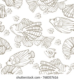 Seamless pattern with hand drawn sea fish and shells. Sea wallpaper. Vector illustration.Page of coloring book